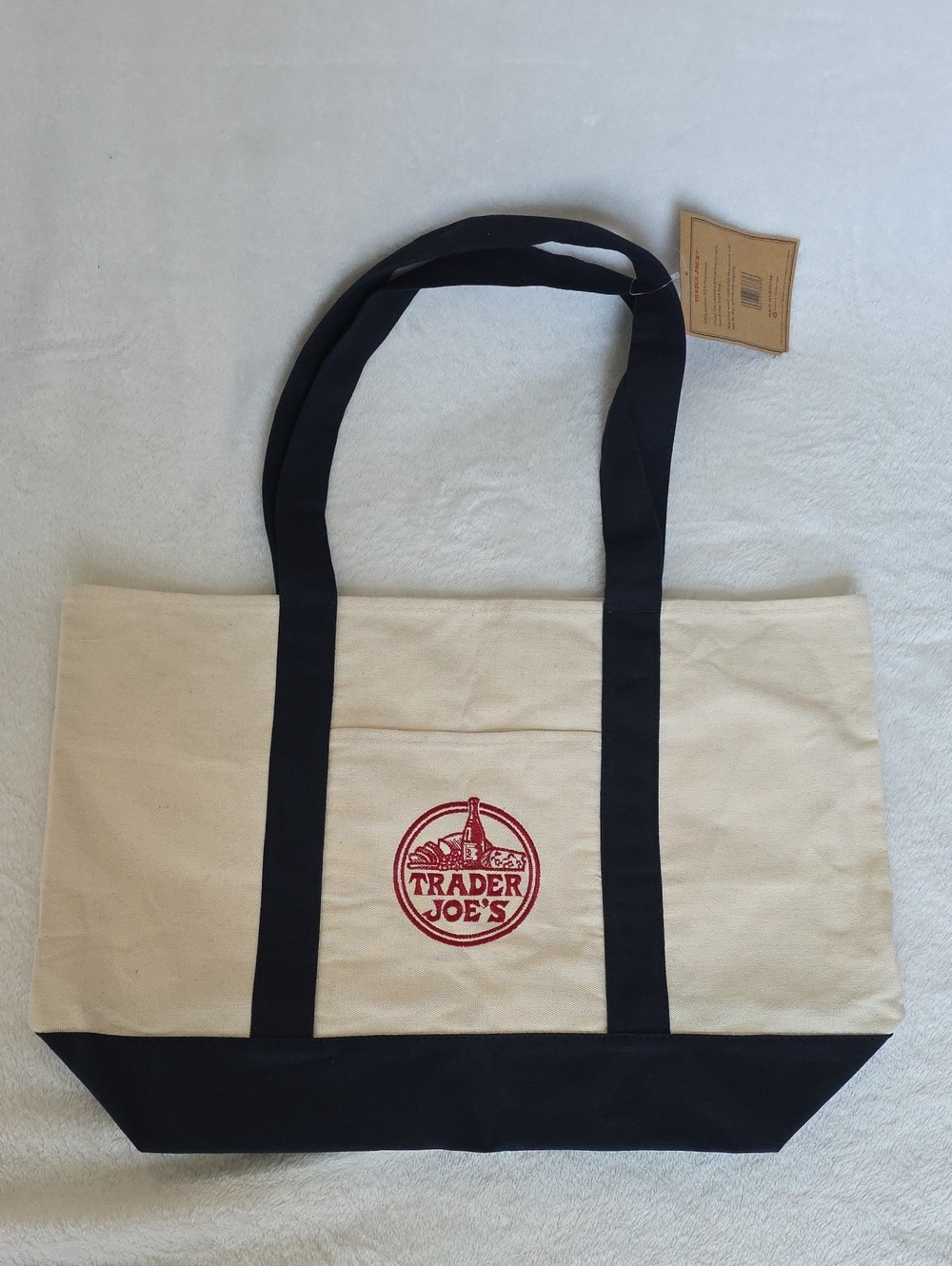 Trader Joe's Large Canvas Tote Bag in Cream and Dark Blue.